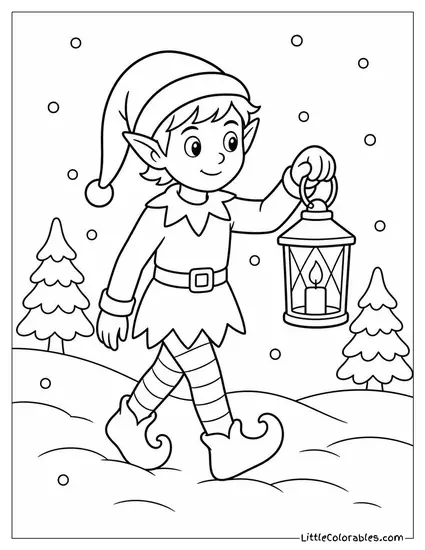 Realistic Elf Carrying a Lantern Through the Snow Coloring Page