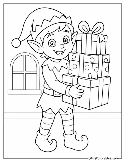 Realistic Elf Carrying a Stack of Wrapped Gifts Coloring Page