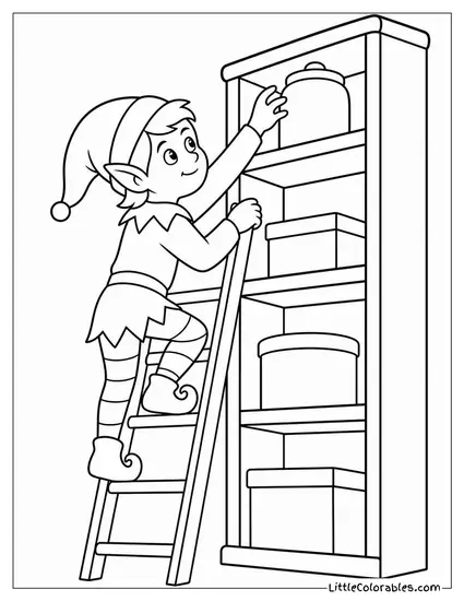 Realistic Elf Climbing a Tall Shelf for Supplies Coloring Page