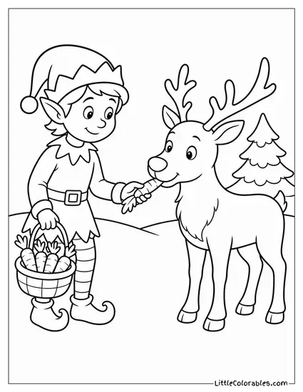 Realistic Elf Feeding Carrots to Reindeer Coloring Page