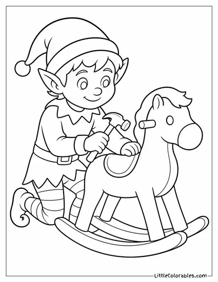 Realistic Elf Hammering a Rocking Horse Coloring Page