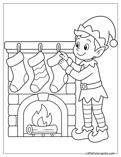 Realistic Elf Hanging Stockings Along a Fireplace Coloring Page