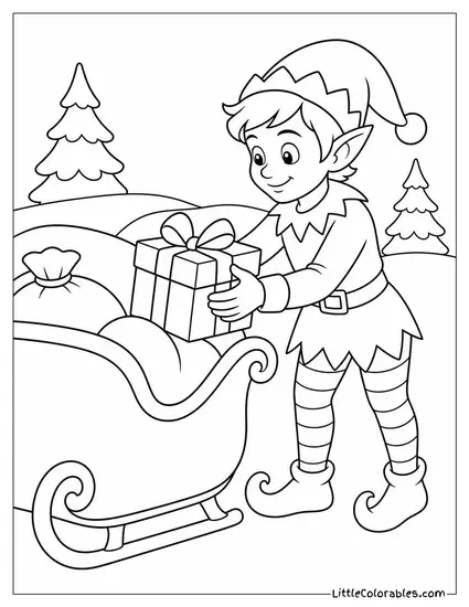 Realistic Elf Loading the Last Gift on Sleigh Coloring Page