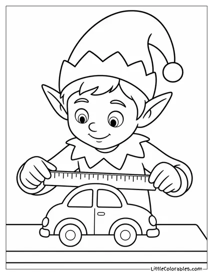Realistic Elf Measuring a Toy with a Ruler Coloring Page