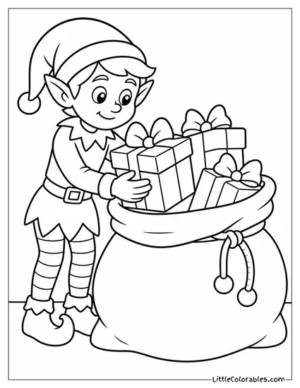 Realistic Elf Packing Gifts Into Santa's Sack Coloring Page