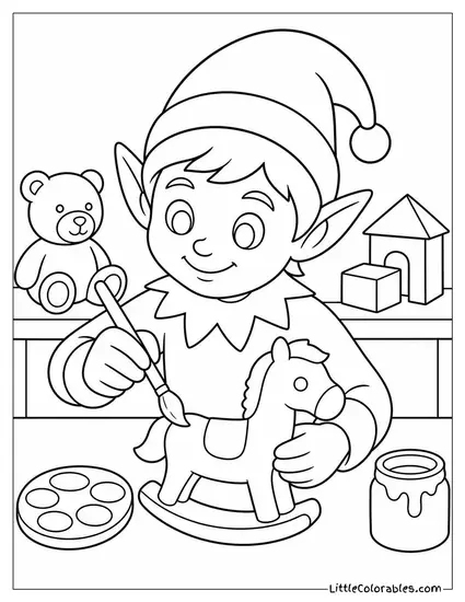 Realistic Elf Painting Toys at a Workbench Coloring Page