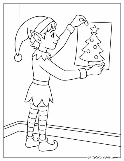 Realistic Elf Pinning a Drawing to the Wall Coloring Page
