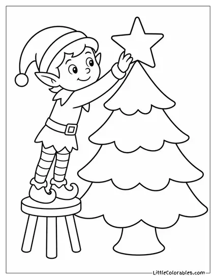 Realistic Elf Placing a Star on a Tree Coloring Page
