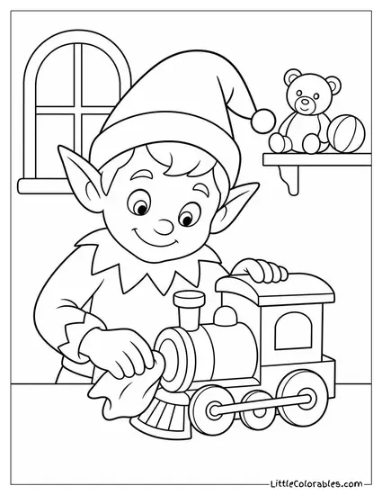 Realistic Elf Polishing Toy Train Wheels Coloring Page
