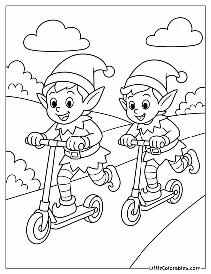 Realistic Elf Racing Another Elf on a Scooter Coloring Page