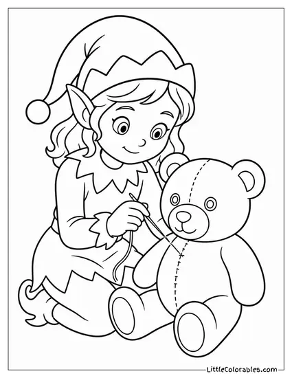 Realistic Elf Sewing a Stuffed Bear Coloring Page