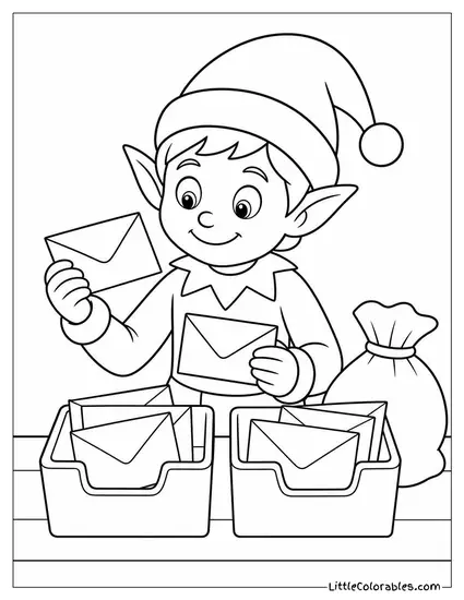 Realistic Elf Sorting North Pole Letters Coloring Page