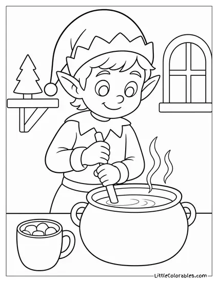 Realistic Elf Stirring a Pot of Hot Cocoa Coloring Page