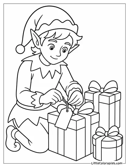 Realistic Elf Tying a Name Tag on Gifts Coloring Page