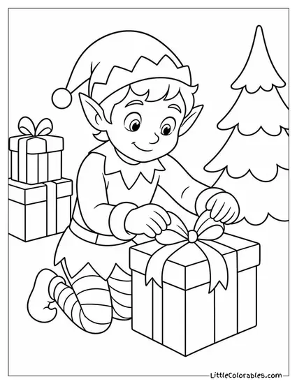 Realistic Elf Tying the Last Gift Bow Coloring Page