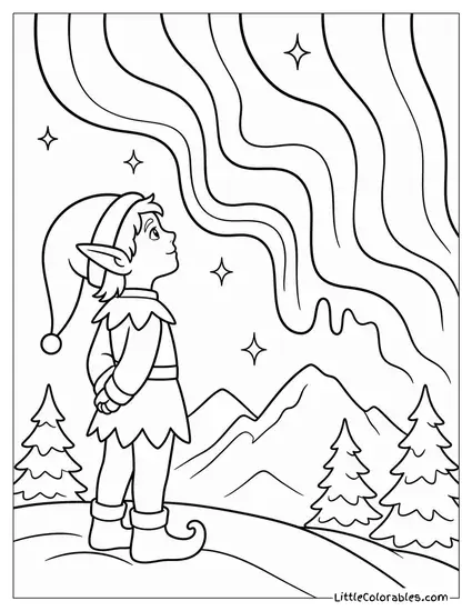 Realistic Elf Watching the Northern Lights Outside Coloring Page