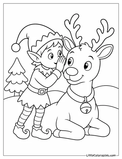 Realistic Elf Whispering Into a Reindeer's Ear Coloring Page