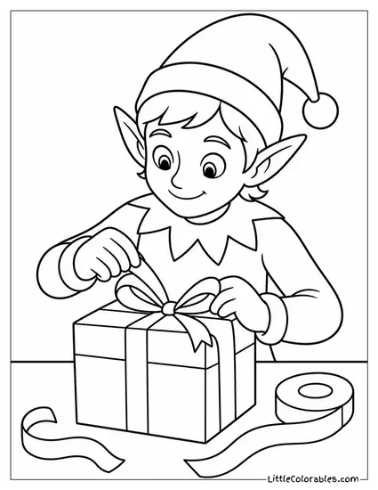 Realistic Elf Wrapping a Gift with Ribbon Coloring Page