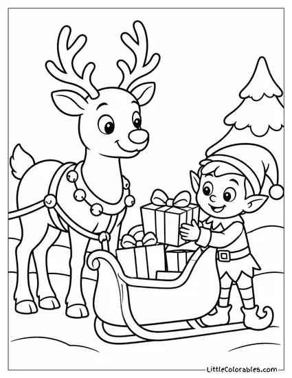 Reindeer and Elf Preparing for Christmas Eve Coloring Page