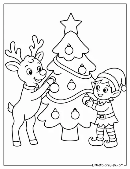 Reindeer and Elf Trimming the Christmas Tree Coloring Page