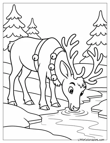 Reindeer Drinking from a Frozen Forest Stream Coloring Page
