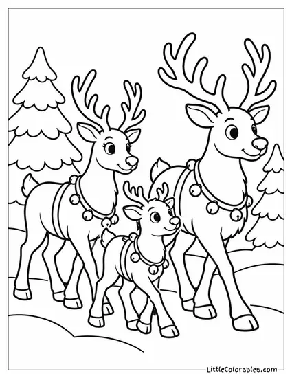 Reindeer Family Walking Through a Winter Forest Coloring Page