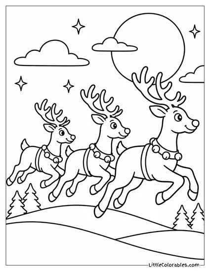 Reindeer Galloping Across a Moonlit Snowy Hill Coloring Page