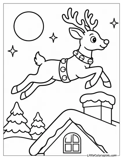 Reindeer Leaping Over a Snowy Rooftop Coloring Page