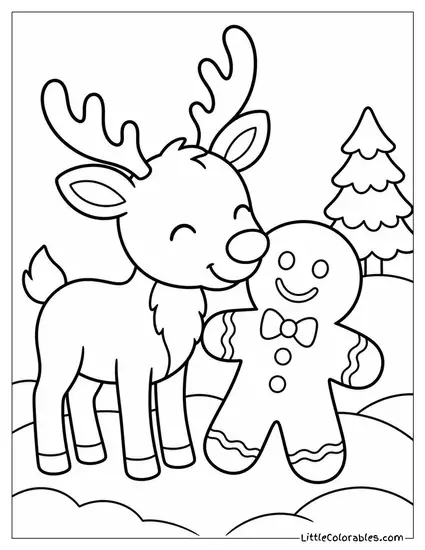Reindeer Nuzzling a Gingerbread Man in the Snow Coloring Page