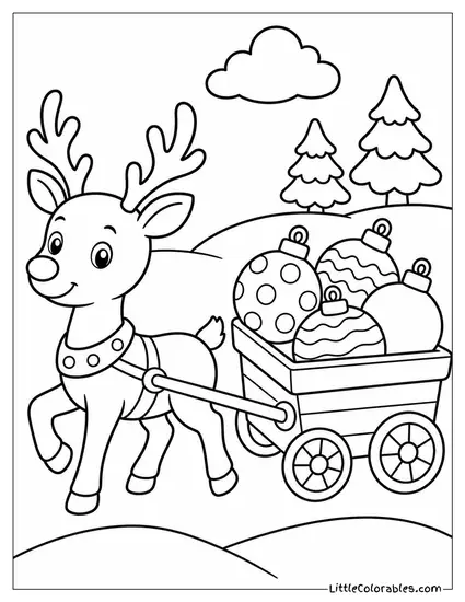 Reindeer Pulling a Cart of Christmas Ornaments Coloring Page