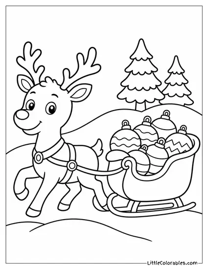 Reindeer Pulling a Sleigh Full of Ornaments Coloring Page