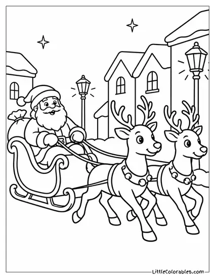 Reindeer Pulling a Sleigh Past Twinkling Streetlights Coloring Page
