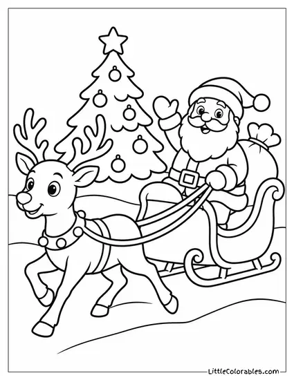 Reindeer Pulling Santa Past a Lit Christmas Tree Coloring Page