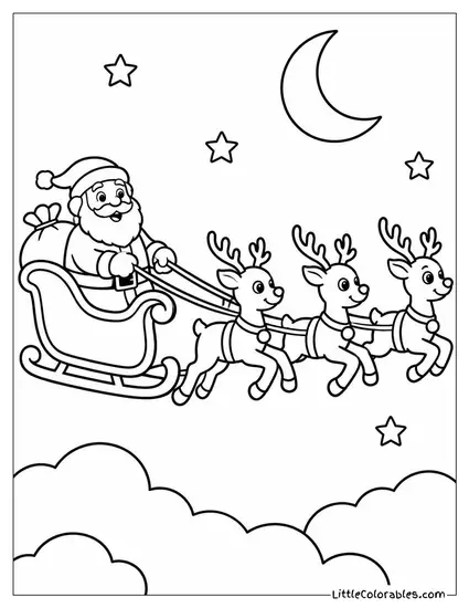 Reindeer Pulling Santa Sleigh Through the Night Sky Coloring Page