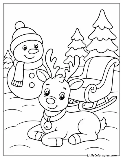 Reindeer Resting Near a Snowman and Sleigh Coloring Page