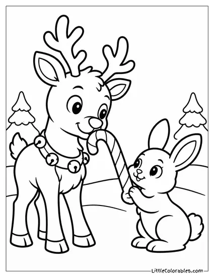 Reindeer Sharing a Candy Cane with a Friend Coloring Page