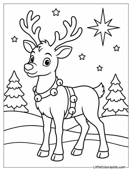 Reindeer Standing Beneath a Starry Winter Sky Coloring Page