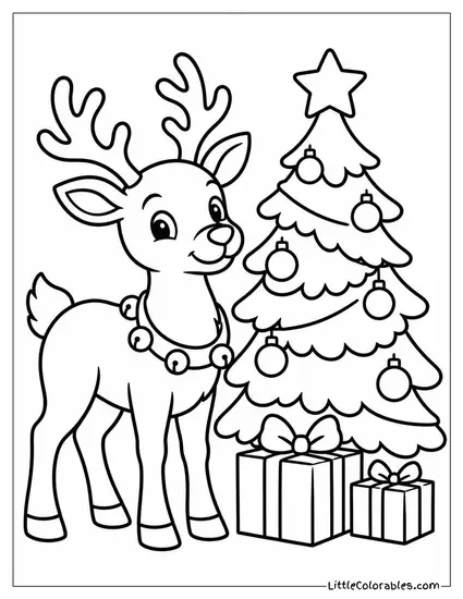 Reindeer Standing Beside a Decorated Christmas Tree Coloring Page