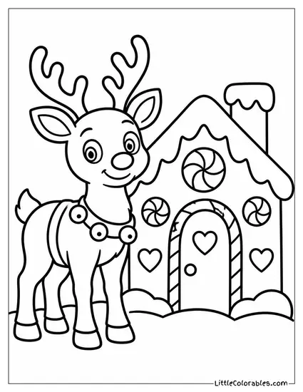 Reindeer Standing Beside a Gingerbread House Coloring Page
