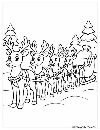 Reindeer Team Lined Up Before the Sleigh Coloring Page