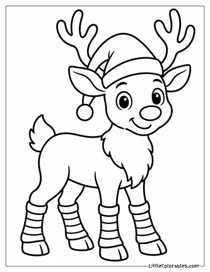 Reindeer Wearing an Elf Hat and Striped Socks Coloring Page