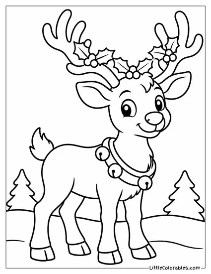 Reindeer with a Holly Wreath on Its Antlers Coloring Page