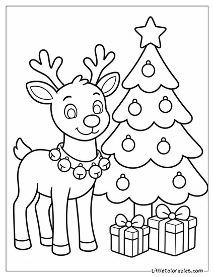 Reindeer with Jingle Bells Beside the Tree Coloring Page