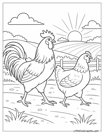 Rooster and a Hen Walking Together in the Same Direction in the Long Evening Light Coloring Page
