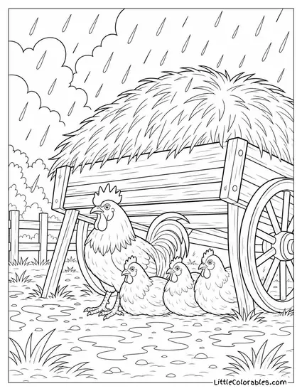 Rooster and His Hens Sheltering Under a Hay Cart During a Sudden Downpour Coloring Page
