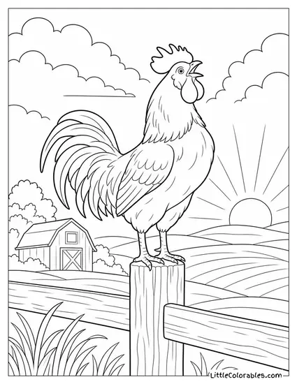 Rooster Crowing from a Fence Post at the Very First Light of Dawn Coloring Page