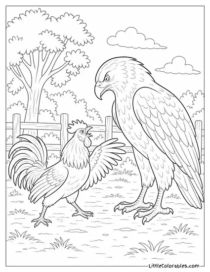 Rooster Defending His Territory Against a Much Larger Visiting Bird Coloring Page
