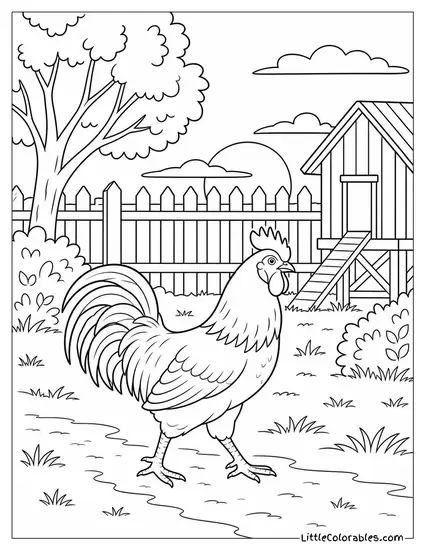 Rooster Patrolling the Full Perimeter of the Yard Methodically at Dusk Coloring Page