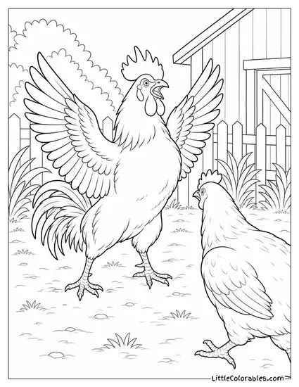 Rooster Puffing His Chest and Flapping Hard as a Rival Approaches the Yard Coloring Page