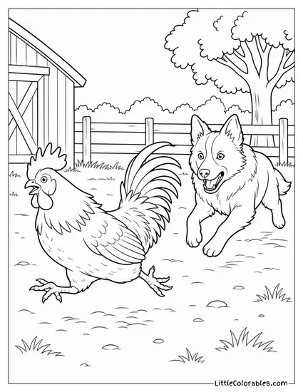 Rooster Running from a Farm Dog That Has Entered the Yard at Full Speed Coloring Page